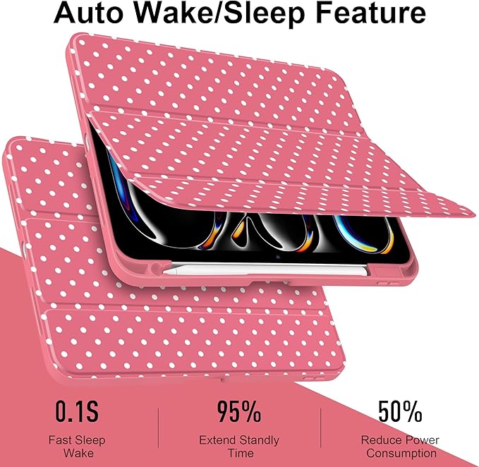 Case for iPad Pro 11 Inch (M5 2025 M4 2024) – [Built-in Pencil Holder], Shockproof & Stylish, Clear Hard Back + Soft TPU Edge, Magnetic Trifold Stand, Auto Wake/Sleep, Rose red White dot