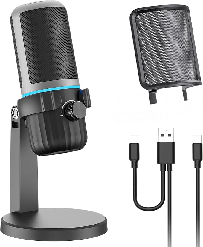 USB Condenser Gaming Microphone, PC Microphone for Streaming, Podcasts, Recording, Desktop Computer Mic with Mute Button & LED Indicator, Volume Control, Headphone Jack