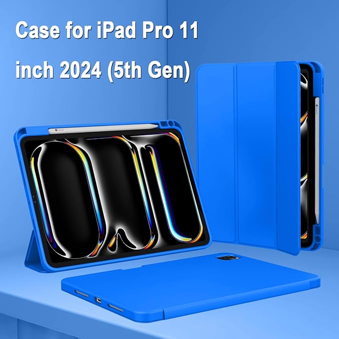 ZryXal iPad Pro 11 Inch Case (M5) 2025/ (M4) 2024 (Model: A2836/A2837/A3006), Trifold Stand Smart Cover with Pencil Holder and Soft TPU Back, Auto Wake/Sleep (Medium Blue)