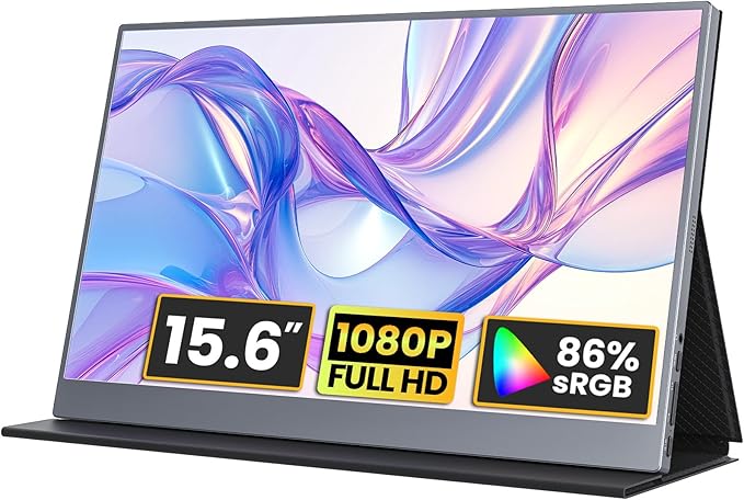 kksmart Portable Monitor 15.6 inch 1080P FHD 86% sRGB 60Hz, Travel Monitor for Laptop MacBook Surface PC Xbox PS5, HDMI USB-C VESA Compatible Built-in Speaker