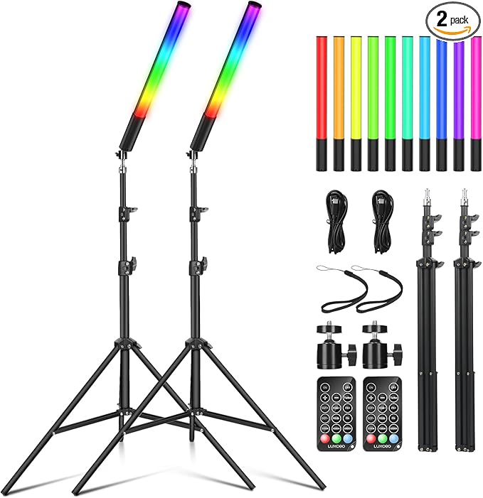 2 Pack RGB LED Video Light Wand Stick, Photography Studio Lighting Kits with Tripod & Remote Control, Dimmable Photography Light Wand 36 Colors 2500K-6500K
