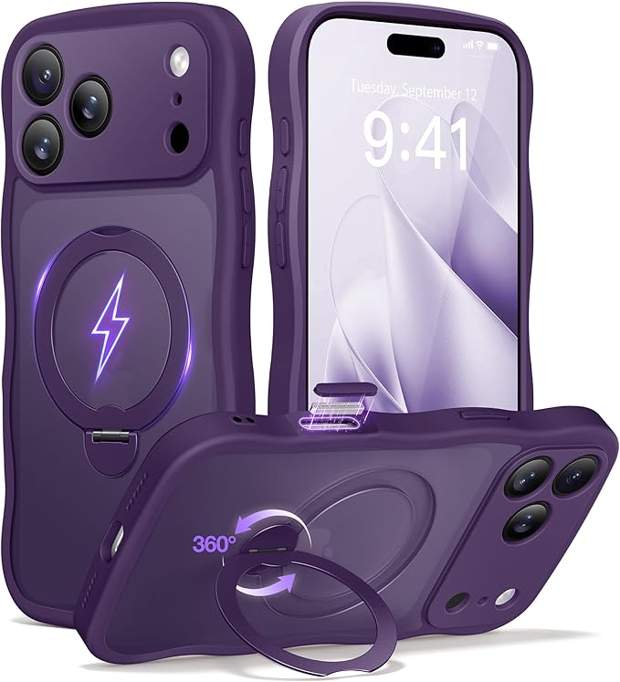 CAPRARO for iPhone 17 Pro Max Case with 360° Spin Magnetic Stand for Women, [Compatible with MagSafe] [Full Camera Protection] Cute Wave Translucent Matte Case for iPhone 17 Pro Max, Deep Purple