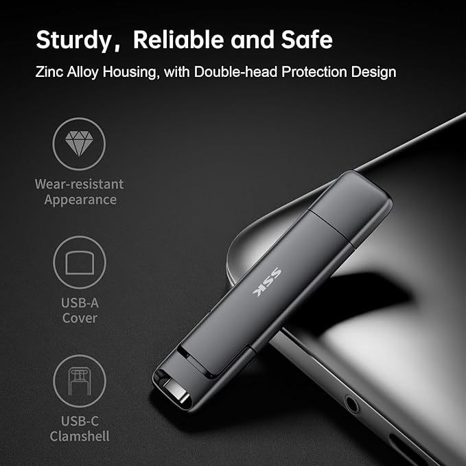 SSK 128GB Dual USB C Flash Drive,2-in-1 Type C+ USB A 3.2 Gen2 Solid State Thumb Drive,Speed Up to 550MB/s Memory Stick Data Storage for iPhone 15,Thunderbolt 3, Android Phone,Tablet,Laptop