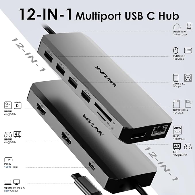WAVLINK USB C Docking Station Dual Monitor for Laptop Dell/Lenovo/HP/XPS, USB-C Hub Multiport Adapter Dongle Dock with 2 HDMI, DisplayPort, Ethernet Hub, 87W Power Delivery, SD Card Reader, Audio