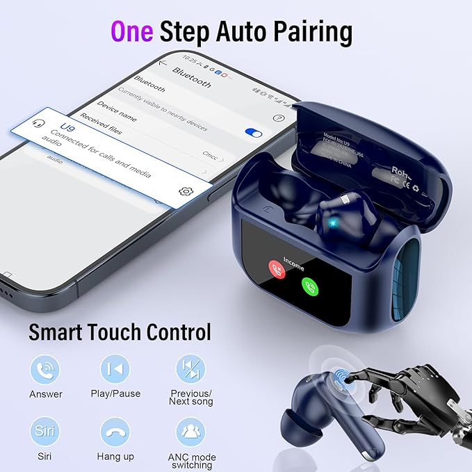 Wireless Earbuds, Bluetooth 5.4 Headphones with Multifunctional Touch Screen, 48H Bass Stereo Ear Buds with ANC/ENC Noise Cancelling/Transparency Mode, IPX7 Earphones with 5 EQ Modes, Dark Blue