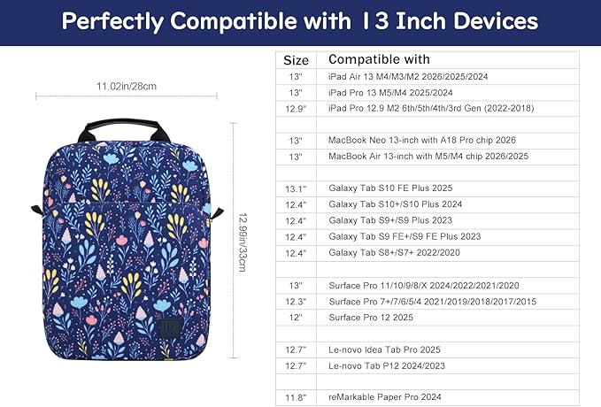 Dadanism 13 Inch Tablet Sleeve Shoulder Bag with Handle for iPad Pro 13" M4 2024, iPad Air 13", iPad Pro 12.9", Galaxy Tab S10+ Plus/S9 FE+/S9+ Plus 12.4", Remarkable Paper Pro 11.8", Night Blue