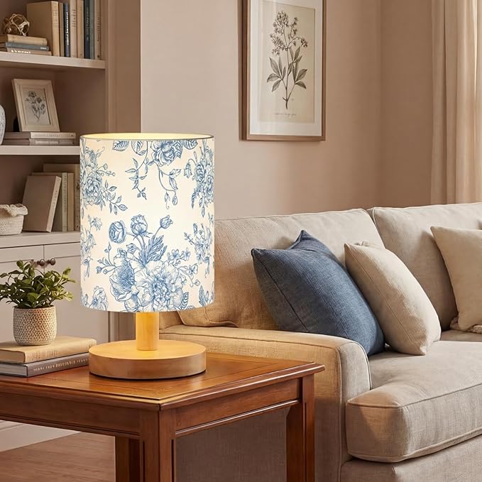 VIHOSE Blue Floral Kids Table Lamp for Bedroom Kids Bedside Lamp with Linen Wooden Nightstand Cartoon Nursery Lampshade for Girls Boys Living Room