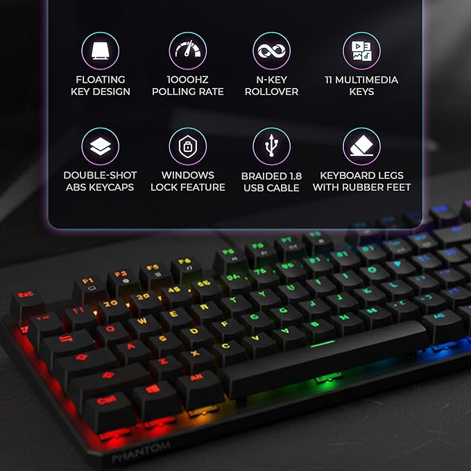 TECWARE Phantom 87 Key RGB Mechanical Gaming Keyboard | Outemu Brown Switch | 16.8M Color LED Lighting | 18 Pre-Set | Low Latency | N-Key Rollover | Software Customizable Keys | Wired USB Connection