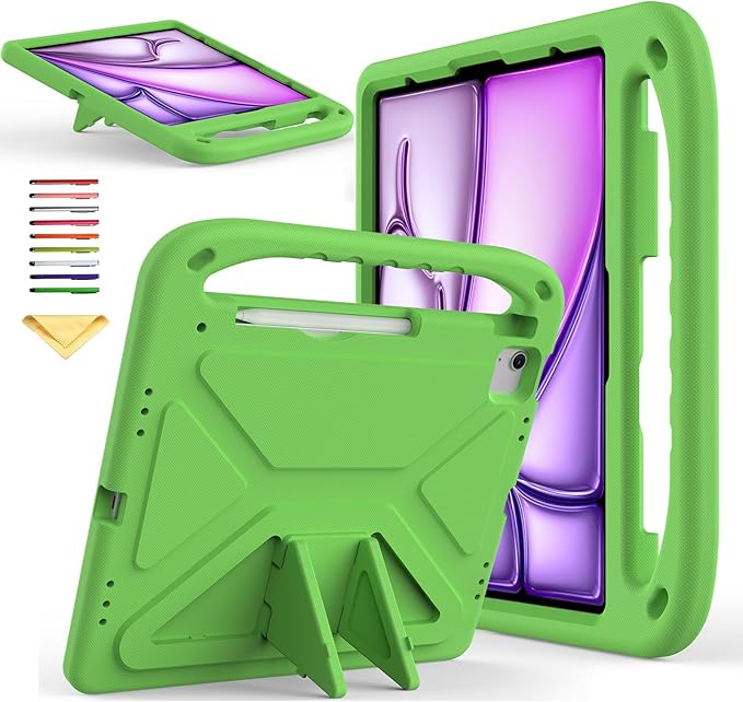 Kids Case for iPad Pro 12.9 inch Cover 6th/5th/4th/3rd Gen (2022/2021/2020/2018) with Kickstand/Handle/Stylus Pencil Holder Soft EVA Heavy Duty Shockproof Stand Girl Boy Cover, Green