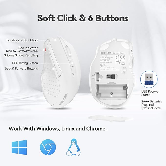 TECKNET Wireless Mouse, 2.4G Ergonomic Optical Mouse, Computer Mouse for Laptop, PC, Computer, Chromebook, Notebook, 6 Buttons, 24 Months Battery Life, 2600 DPI, 5 Adjustment Levels - White