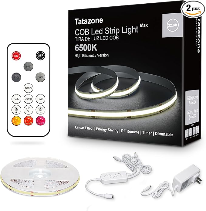 Tatazone 32.8ft 6500K White COB Led Strip Light with RF Remote, Dimmable CRI93+ Bright Daylight White COB Light Strip, Indoor Led Lights for Kitchen, Bedroom, Cabinet
