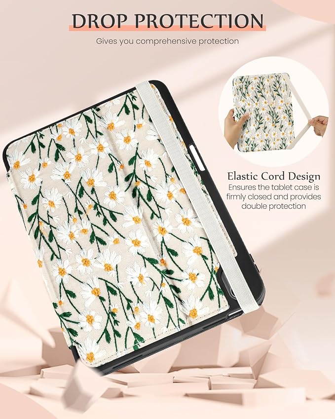 Uppuppy for iPad Air 11 inch Case M3 2025/M2 2024 - Air 5th/4th Generation Case 10.9'' Women Girls Cute Embroidered Folio Stand Cover with Pencil Holder & Card Slot Girly Daisy Flowers Design Cases