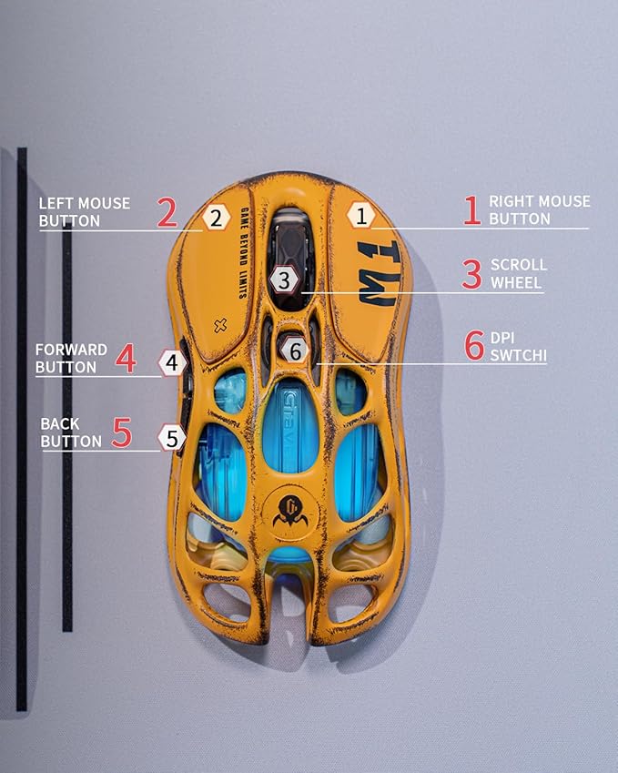 GravaStar Mercury M1 Pro Gaming Mouse, Lightweight Magnesium Alloy, 26,000 DPI, PAW3395DM Sensor, 5 Programmable Buttons, Support Wired/2.4GHz/BT, Up to 200 Hours Battery Life (Battle-Yellow)