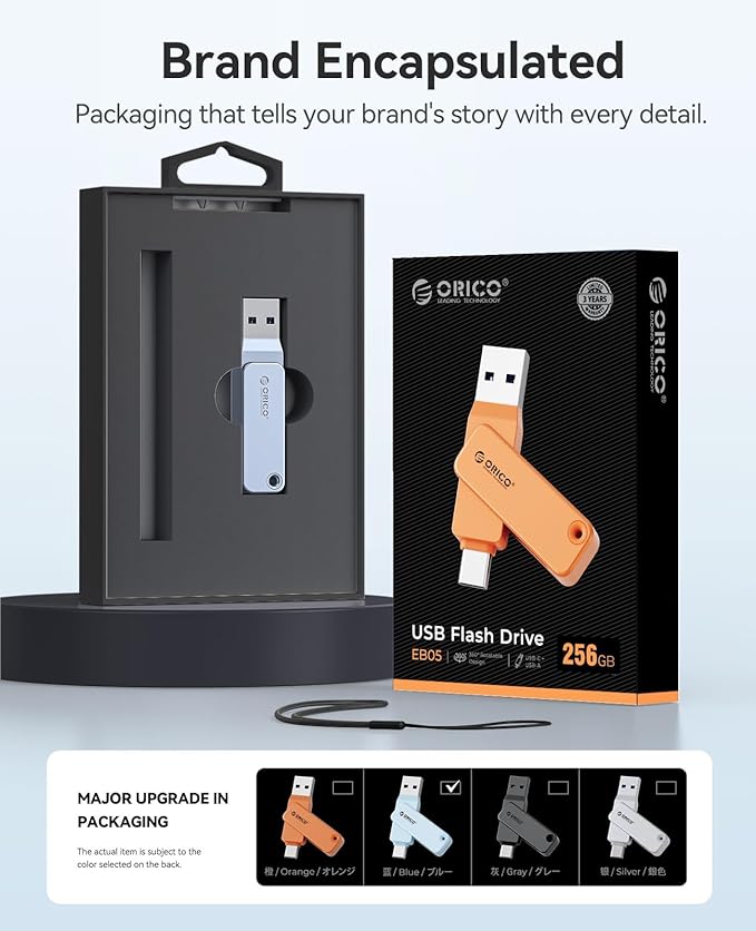 ORICO USB-Cand USB-A Flash Drive 150MB/S Metal Housing Swivel Design Support OTG Function 2 in 1 PenDrive 256GB for USB C and USB A Devices -EB05 BL