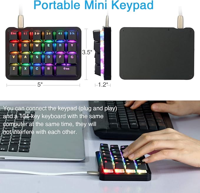 Koolertron One Handed Macro Mechanical Keyboard, RGB LED Backlit Portable Mini One-Handed Mechanical Gaming Keypad 23 Fully Programmable Keys Blue Switches