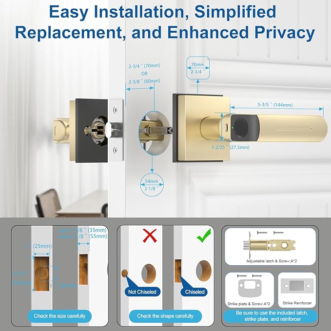 Fingerprint Door Lock & Biometric Door Knob with App – 3-in-1 Keyless Entry Smart Door Lock with Auto-Lock & Interior Lockable, Secure Your Home, Office, Bedroom & Apartment Gold