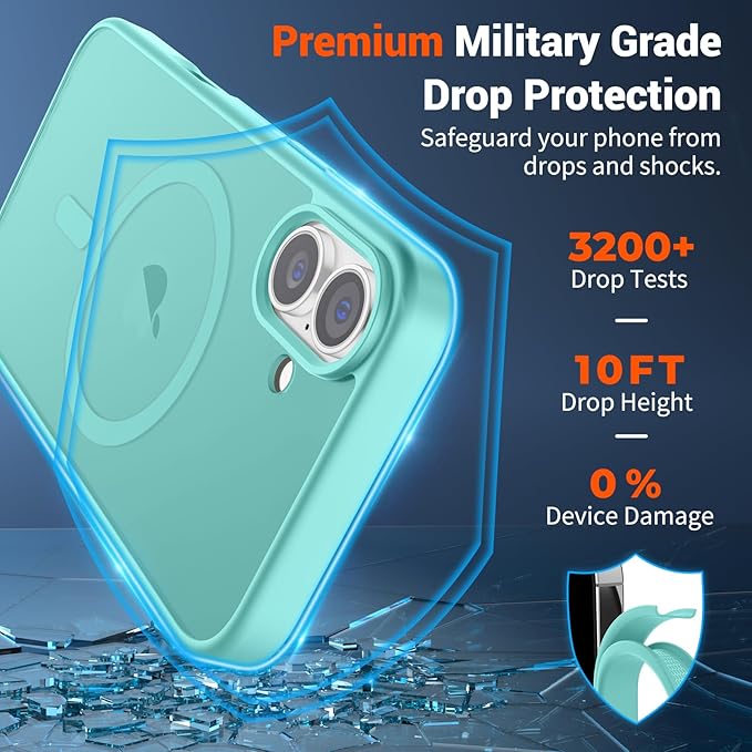 SUPFINE Magnetic for iPhone 16 Plus Case (Compatible with MagSafe) (Military Grade Drop Protection) Translucent Matte Shockproof with Anti-Fingerprint Phone Case, Blue Green