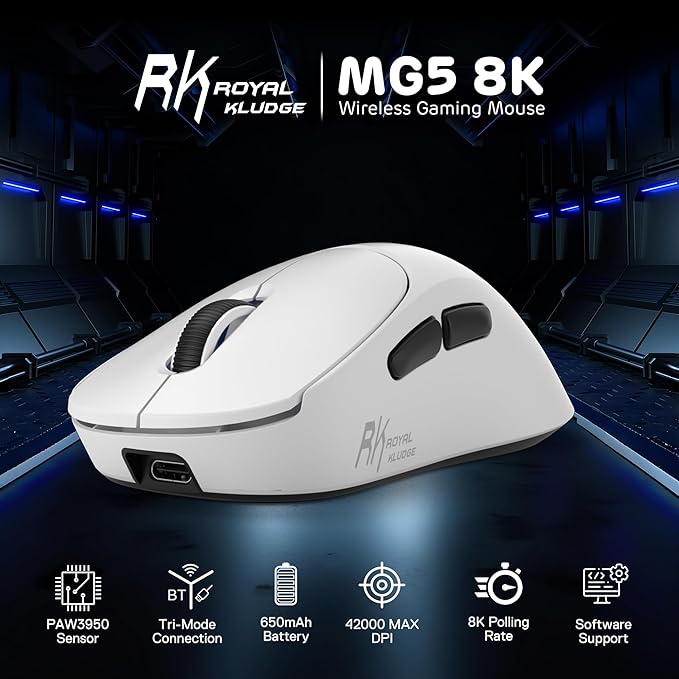 RK ROYAL KLUDGE MG5 8K Wireless Gaming Mouse, 42K DPI PAW3950 Sensor, 56g Lightweight Ergonomic Mouse, Dual 8000Hz Polling Rate, Tri-Mode 2.4G/BT/USB-C, Programmable Web Drive for PC Win/Mac