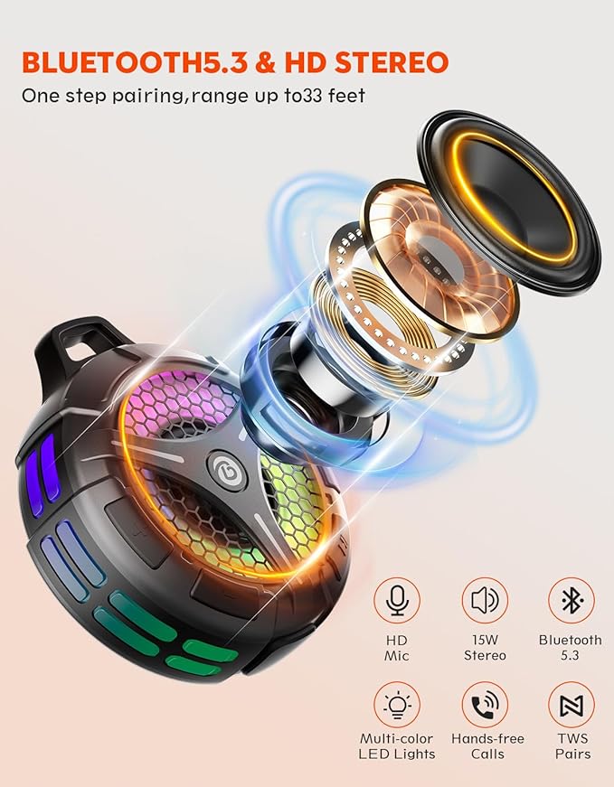 Waterproof Bluetooth Shower Speaker with Suction Cup, IPX7 Bathroom Speaker, 15W Loud Stereo Sound, Deep Bass, TWS Pairing, RGB Lights, Portable Speaker Gift for Men & Women