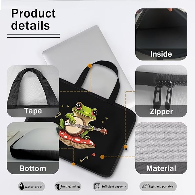 10 Inch Mushroom Frog Laptop Sleeve, Protective Tablet Case with Handle, Water Resistant Zipper Computer Carrying Bag Notebook Cover Messenger Briefcase for Travel/Business/School