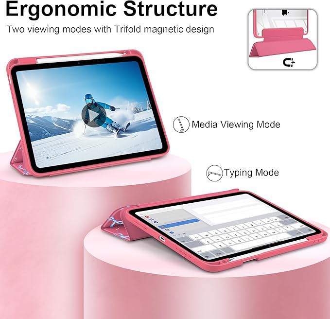 Case for iPad Air 13 inch 2026 M4 2025 M3 2024 M2 Release Slim Lightweight Shockproof Cute Hot Pink Cover with Clear Back TPU Edge Pencil Holder Trifold Stand Auto Wake Sleep, Ribbons