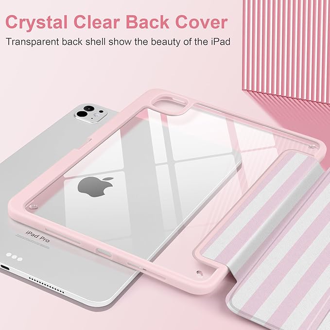 Case for iPad Pro 13 inch (M5) 2025 (M4) 2024 Release with Pencil Holder -Cute Pink White Striped Trifold Cover with Clear Back Auto Sleep/Wake, Aesthetic Soft Protective Skin for Girls Women
