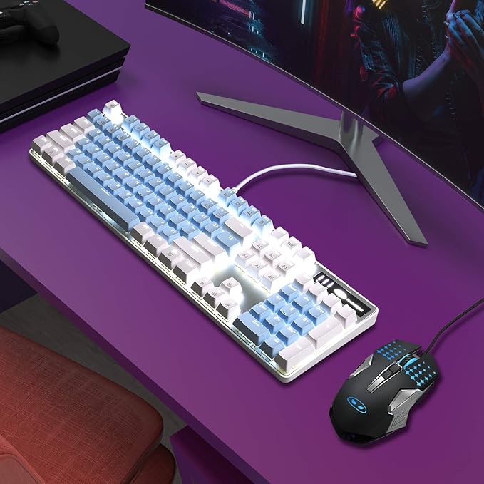 MageGee Mechanical Gaming Keyboard, 104 Keys White Backlit Mechanical Keyboards with Red Switches & Double-Shot Keycaps, Wired Ergonomic Computer Keyboard for Desktop, PC Gamers (White & Blue)