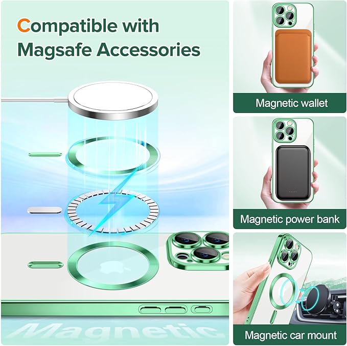 Hython Magnetic Clear for iPhone 15 Pro Max Case with Camera Lens Protector [Compatible with MagSafe] Plating Edge Slim Soft TPU Cover Protective Phone Case for iPhone 15 Pro Max 6.7", Light Green