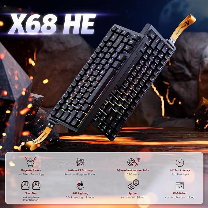 ATTACK SHARK X68 HE Wired Rapid Trigger Mechanical Gaming Keyboard and R1 Mouse Combo with Adjustable Actuation,Coiled Cable,USB C/2.4Ghz Wireless/BT Ultralight 18K DPI Mice for Esport Gamer(Black)