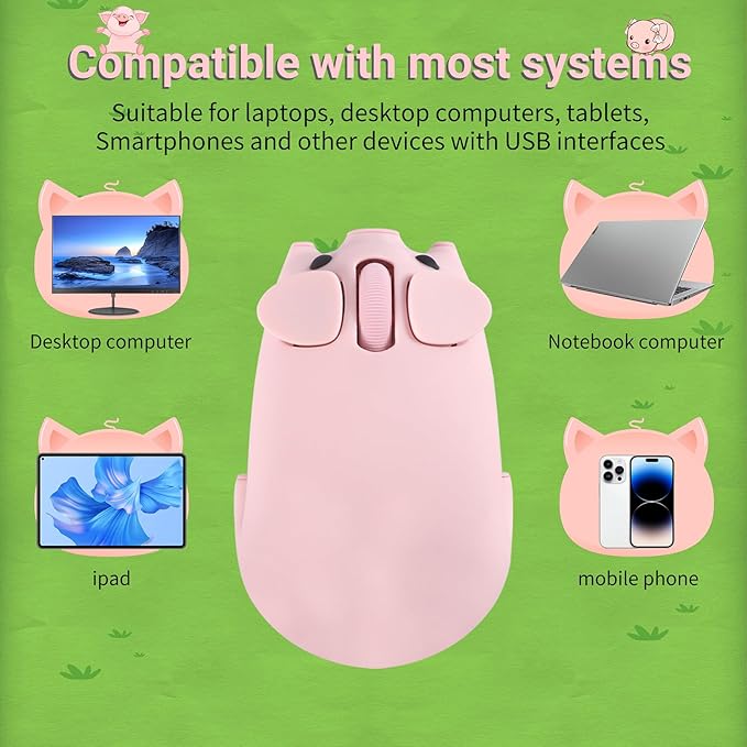 elec Space Cute Pig Design Wireless Mouse Dual Mode Bluetooth & USB Mouse, Silent Operation, Ergonomic, Perfect for Laptops & PCs, Ideal Gift for Animal Lovers and Family (Pink)