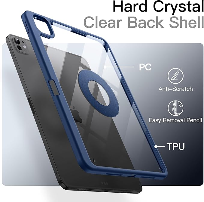 JETech Magnetic Detachable Case for iPad Pro 11-Inch M5/M4 (2025/2024) with Pencil Holder, Removable Rotating Clear Cover, Portrait/Landscape Stand with Raised Screen View (Navy)