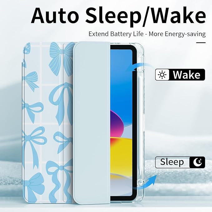 Shockproof Case for iPad Pro 13 Inch M5 2025 & M4 2024 with Pencil Holder, Stable Trifold Stand, Slim Transparent Clear Back Cover, Auto Wake/Sleep, Blue Bows
