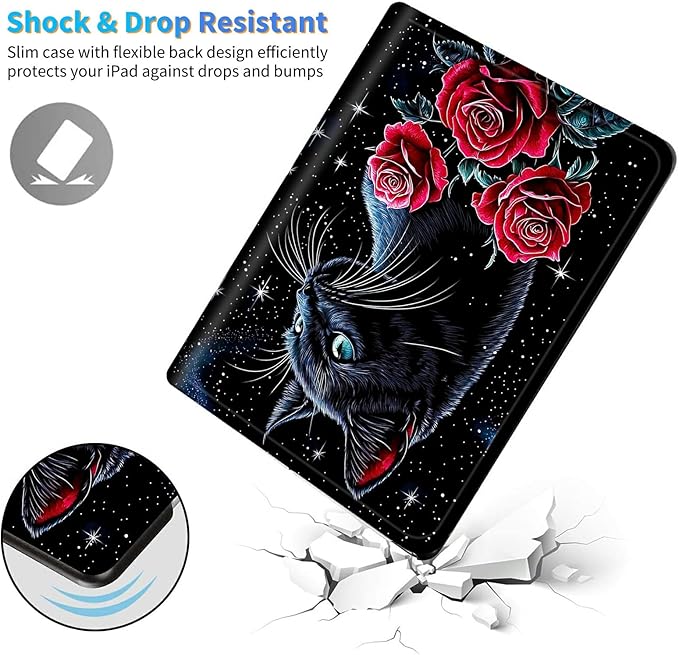 for Amazon Kindle Fire HD 10 & 10 Plus (13th/11th Generation, 2023/2021 Release) 10.1" Tablet Case, Slim Kickstand Stand Leather Smart Cover with Auto Wake/Sleep, Red Rose Cat Black