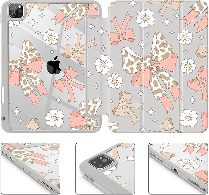 Tuiklol for iPad Pro 12.9 Inch 6th/5th/4th/3rd Generation 2022 2021 2020 2018 Case,Built-in Pencil Holder Clear Transparent Protective Back Shell Cover with Auto Sleep/Wake, Leopard Bow Pink