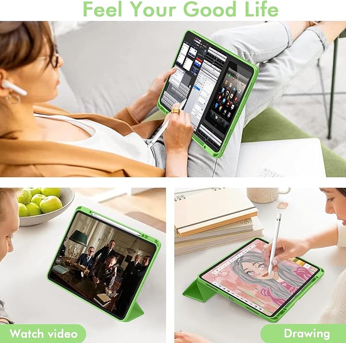 ZryXal New iPad Air 13 Inch Case M3 2025/M2 2024 with Pencil Holder, Trifold Stand Smart Case with Soft TPU Back,Auto Wake/Sleep(Grass Green)