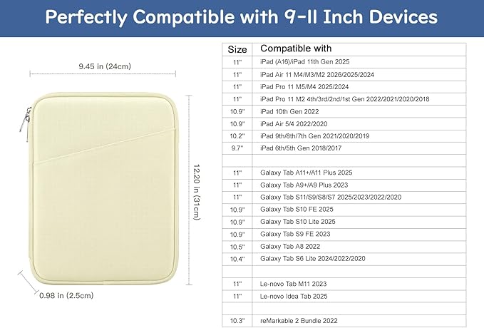 Dadanism 9-11" Tablet Sleeve Bag Carrying Case for iPad (A16) 11th Gen 11", iPad 10th Gen 10.9" Air 5/4, iPad Air M4/Pro 11", iPad 9/8/7th, Galaxy Tab A11+ Plus 11", Remarkable 2 10.3", Beige