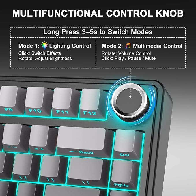 AULA F75 - 75% Wireless Mechanical Keyboard,Hot Swappable Custom Gaming Keyboard with Knob,BT5.0/2.4GHz/USB-C,RGB Backlit,Pre-lubed Reaper Switches,Double Shot PBT Keycaps,Mechanical Gaming Keyboards