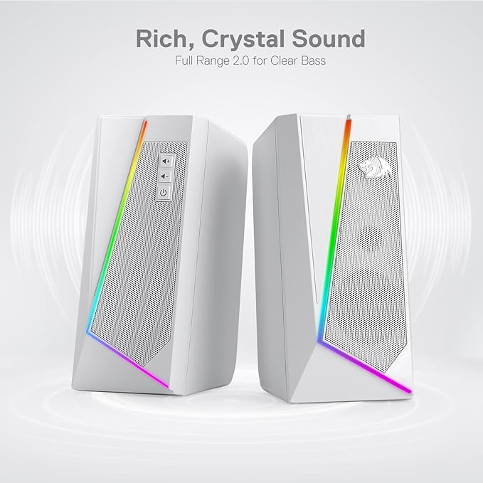 Redragon GS520 RGB Desktop Speakers, 2.0 Channel PC Computer Stereo Speaker with 6 Colorful LED Modes, Enhanced Sound and Easy-Access Volume Control, USB Powered w/ 3.5mm Cable, White
