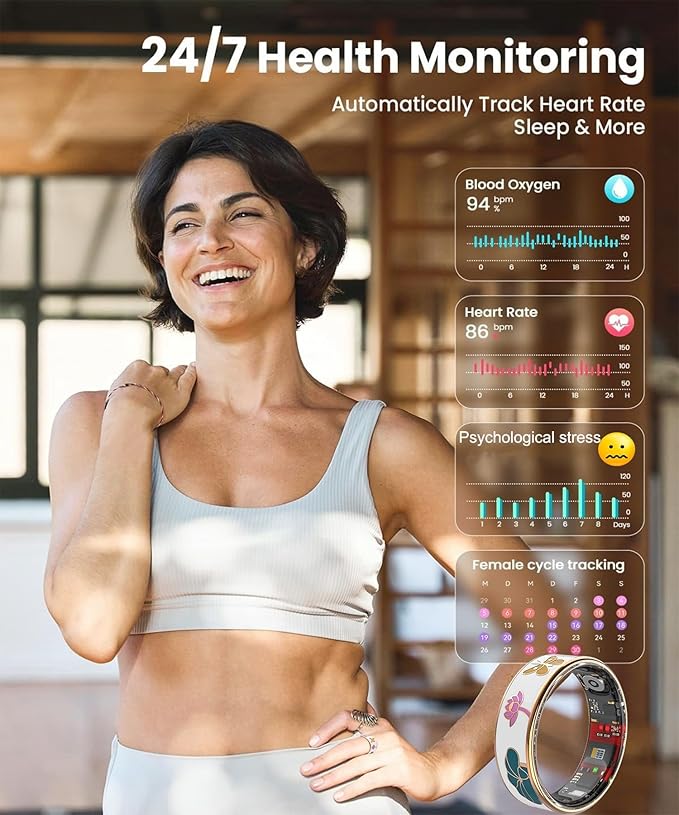 Smart Ring for Women,Fitness Tracker with Heart Rate,Blood Oxygen,Menstrual Cycle,Sleep Monitoring,Step Counting,IP68 Waterproof for iOS and Android,No Subscription Fee (13#)