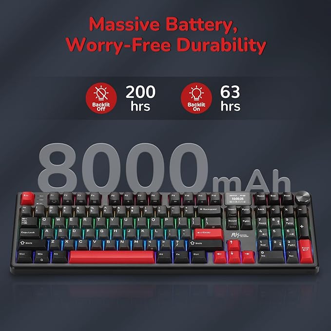 RK ROYAL KLUDGE S104 Wireless Mechanical Keyboard w/Screen & Knob, Tri-Mode 101 Keys Full Size Top Mount RGB Gaming Keyboard BT/2.4G/USB-C, 8000mAh Battery, Web Driver, Hot Swap Custom Linear Switch