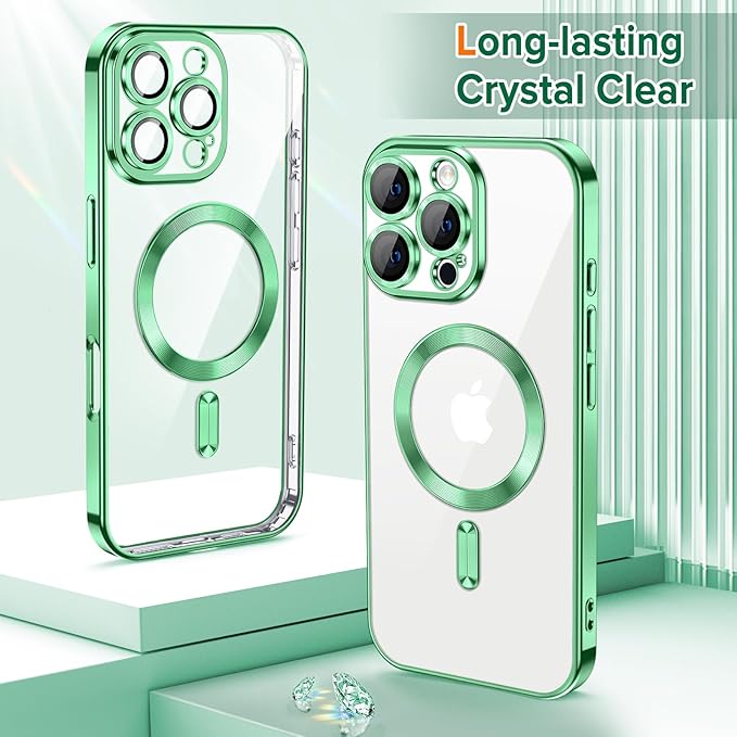 Hython Magnetic Clear for iPhone 16 Pro Max Case with Camera Lens Protector [Compatible with MagSafe] Plating Edge Slim Soft TPU Cover Protective Phone Case for iPhone 16 Pro Max 6.9", Light Green