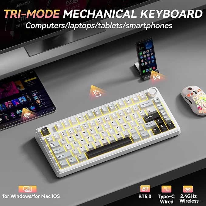 SOLAKAKA A75 75% Wireless Mechanical Keyboard, Hot Swappable Gaming Keyboard with Multifunction Knob & RGB, Gasket Mounted Creamy Keyboard, PBT Keycaps, Compact Layout for Win/Mac/PC