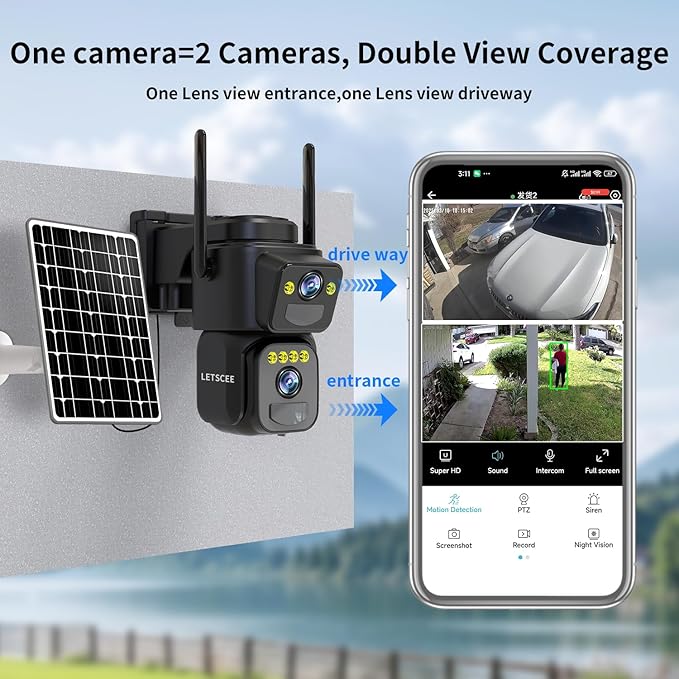 LETSCEE Dual Lens Security Cameras Wireless Outdoor，Solar Cameras for Home Security，Motion Detection,Night Vision,No Month Fee,IP65 Water Proof