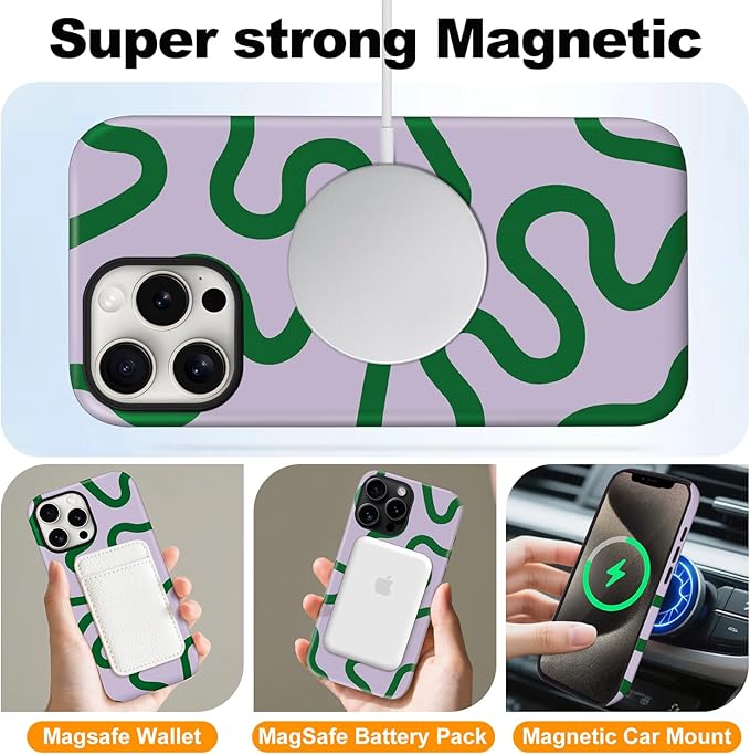 Magnetic for iPhone 14 Pro Max Case Cute Curved Stripes Phone Case, Shockproof Slim TPU and Hard PC Protective Phone Cover Compatible with MagSafe Designed for Women Girls,Green
