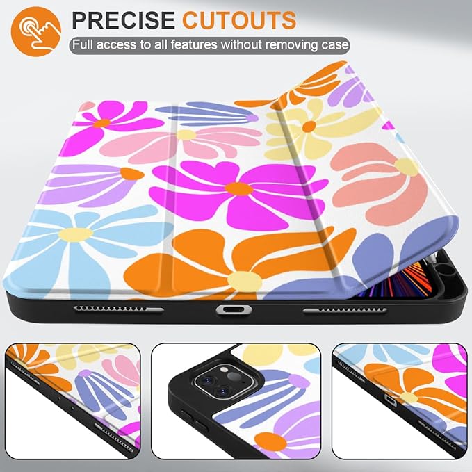 DONGKE Case for iPad Pro 12.9 inch 6th Generation 2022, Built-in Pencil Holder + Trifold Stand + Auto Wake/Sleep + Protective Cover for iPad Pro 12.9 5th/4th/3rd Gen - Retro Flowers