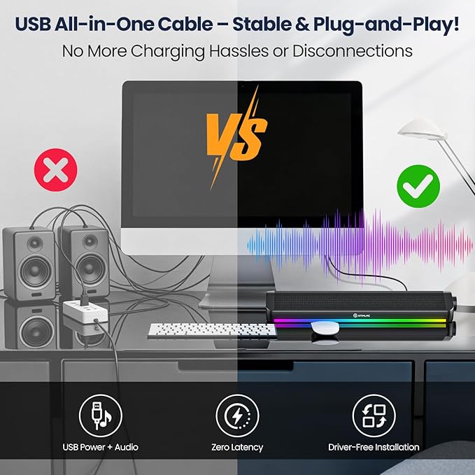 Tylubio Computer Speakers for Desktop, HiFi Stereo PC Soundbar with Dynamic RGB Lighting, USB & Type-C Plug&Play, Volume Control Knob, Wired Speakers for Gaming, Laptop, Monitor, Office