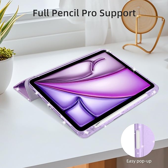Case for iPad Air 13 Inch (M4/M3/M2, 2026/2025/2024) & iPad Pro 12.9 6/5th Gen (2022/2021), Glittering Sparkly Cover with Shiny Clear Back Shell, Trifold Stand Case with Pencil Holder, Purple