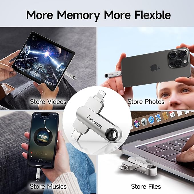 fanxiang 256GB Flash Drive for iPhone/iPad, 2-in-1 Photo Stick USB Memory Stick Thumb Drive, External Storage for Photos, Music, Videos- Compatible with Lightning/USB Type-C, MFi Certified