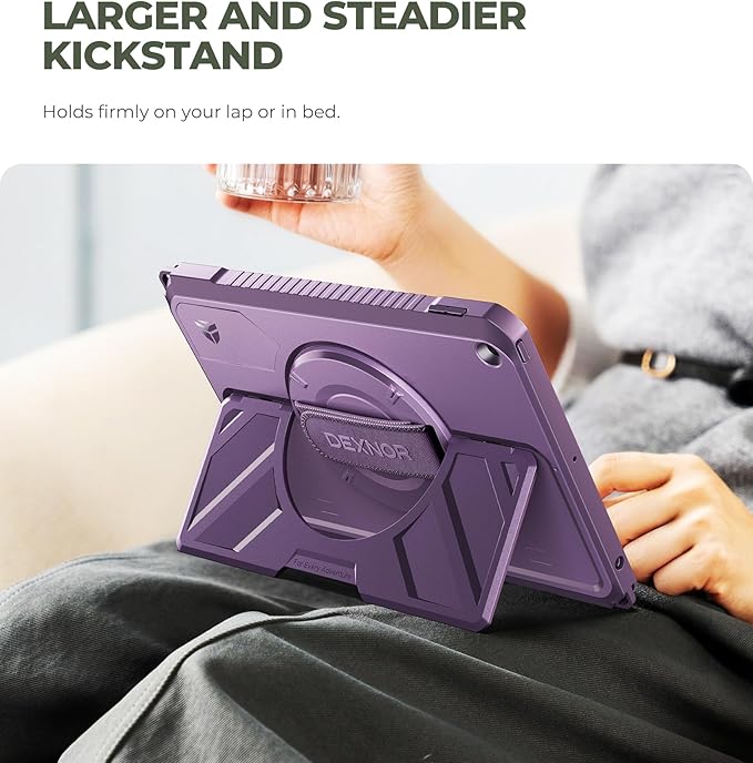 Dexnor Case for iPad 9th/8th/7th Generation 10.2 inch, Rugged Protective Case with 360° Rotating Hand Strap & Large Stand & Screen Protector & Pencil Holder Shockproof Full-Body Bumper Cover, Purple