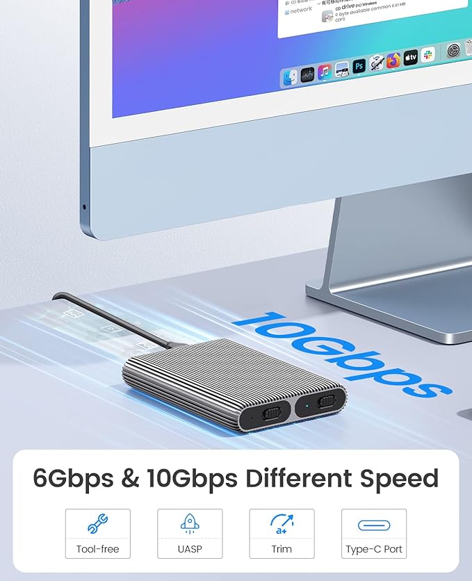 ORICO Dual M.2 NVMe with SATA SSD Enclosure, USB C to M2 Adapter for M Key PCIe & B+M Key 2230/2242/2260/2280 M.2 SSDs, Tool-Free Installation Aluminum Case Support Trim and UASP up to 2x4TB